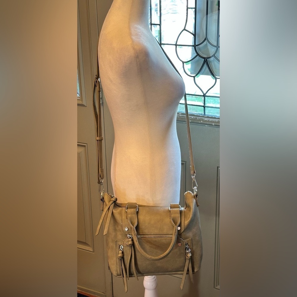 Antik Kraft Shoulder Bag Removable Crossbody Strap Greenish/Tan Studs Zipper - Picture 8 of 16